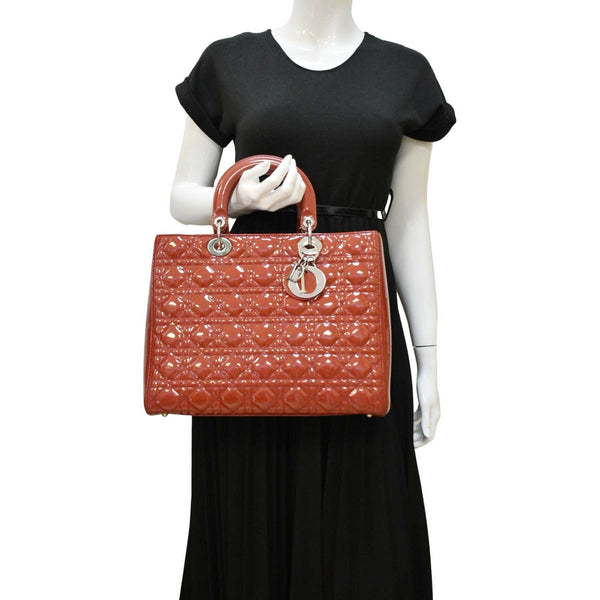 CHRISTIAN DIOR Lady Dior Large Quilted Patent Leather Shoulder Bag Reddish Orange
