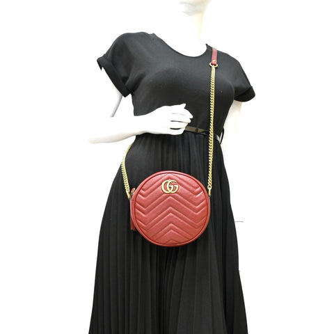 GUCCI GG Marmont Mini Round Leather Crossbody Bag Red 550154