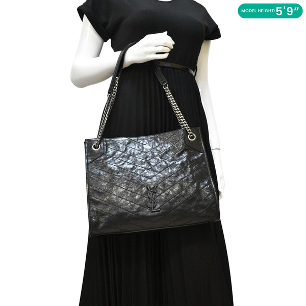 YVES SAINT LAURENT Niki Medium Crinkle  Leather Shoulder Bag Black