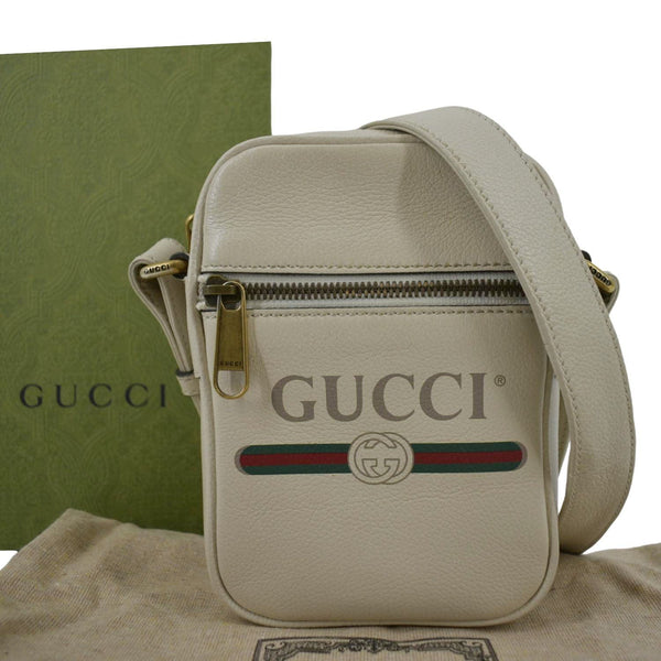 GUCCI; luxury Messenger Crossbody Leather Bag Off White close view of bag
