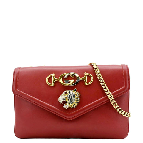 GUCCI Rajah Tiger Head Leather Chain Shoulder Bag Red 537241