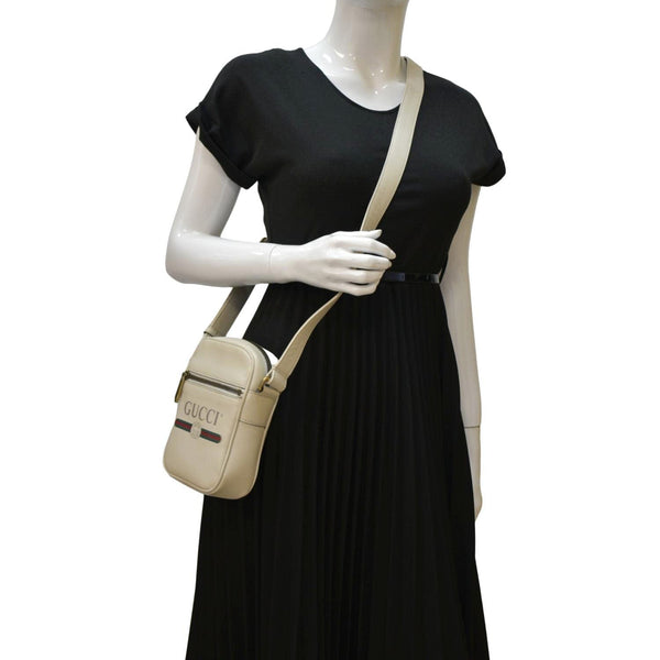 GUCCI; luxury Messenger Crossbody Leather Bag Off White with body view