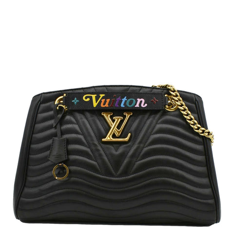 LOUIS VUITTON Wave Chain Leather Tote Shoulder Bag Black