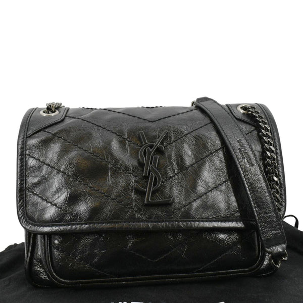 YVES SAINT LAURENT Niki Baby Crinkle Leather Shoulder Bag Black