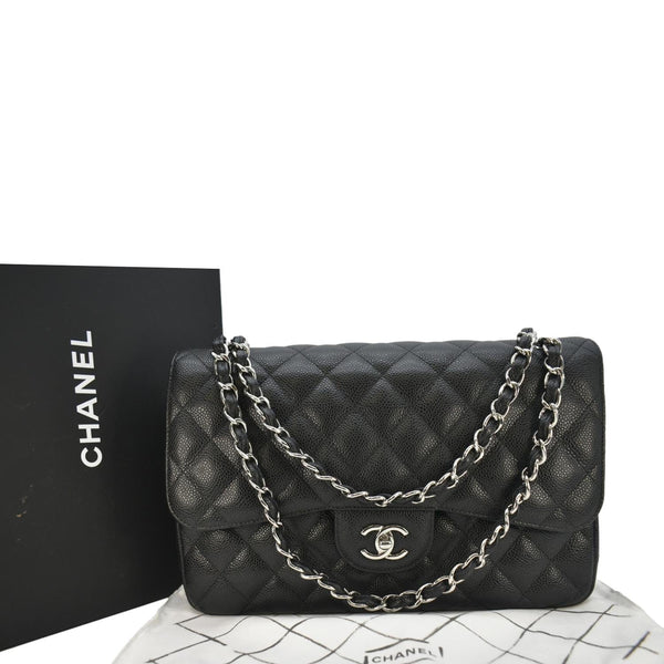 CHANEL Classic Jumbo  Double Flap Quilted Caviar Leather Shoulder Bag Black