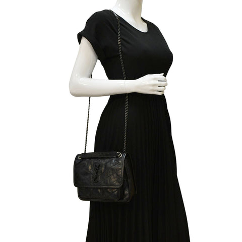 YVES SAINT LAURENT Niki Baby Crinkle Leather Shoulder Bag Black