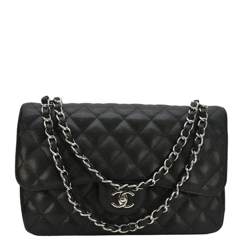 CHANEL Classic Jumbo  Double Flap Quilted Caviar Leather Shoulder Bag Black
