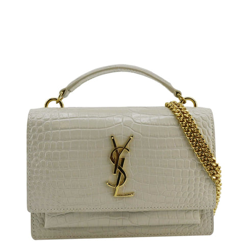 YVES SAINT LAURENT Sunset Crocodile Embossed Leather Crossbody Bag Ivory