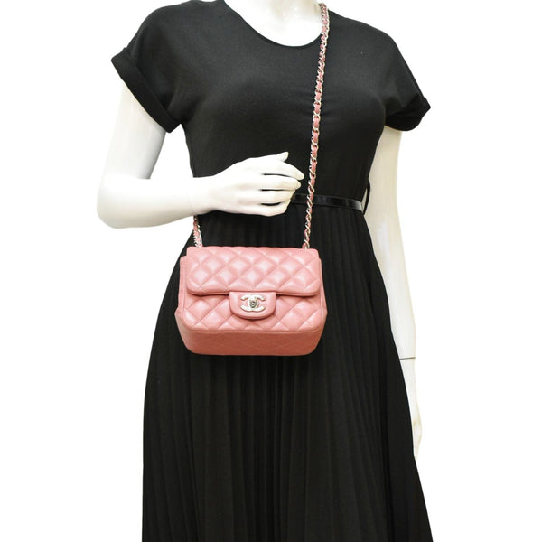 CHANEL Mini Square Flap Leather Crossbody Bag Pink