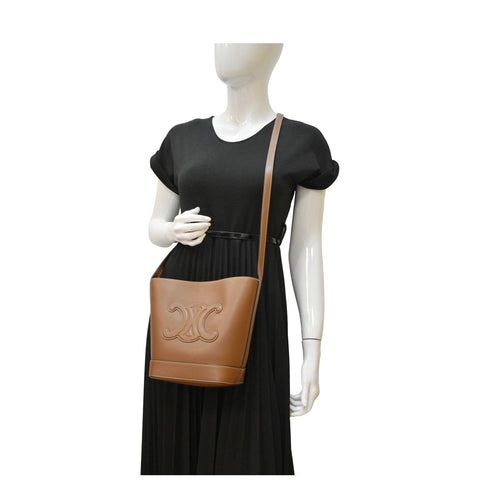 Celine Cuir Triomphe Small Calfskin Leather Bucket Crossbody Bag Tan