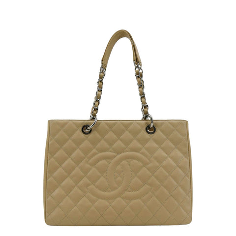 CHANEL Grand Shopping Quilted Caviar Leather GST Tote Bag Beige