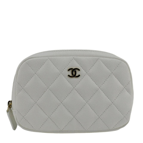 CHANEL Curvy Small Quilted Caviar Leather Cosmetic Pouch White