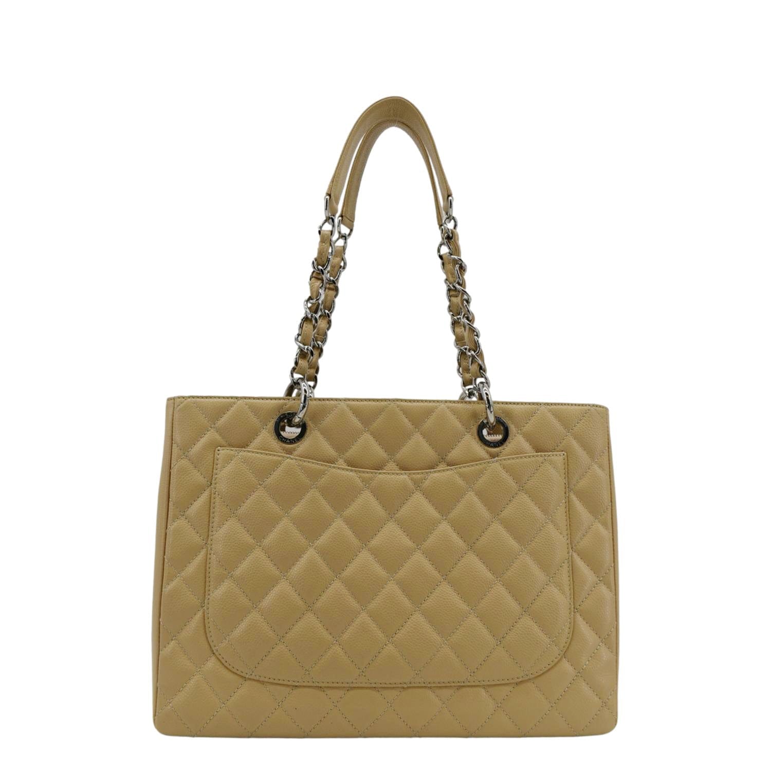 CHANEL Grand Shopping Quilted Caviar Leather GST Tote Bag Beige