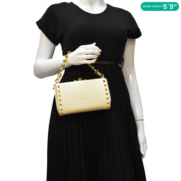 VALENTINO Rockstud Alcove Leather Clutch Shoulder Bag Ivory