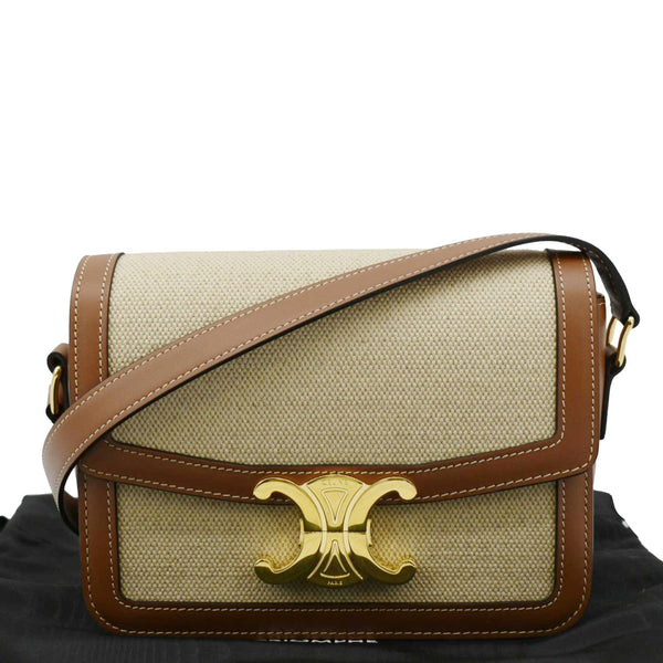 CELINE Triomphe Medium Leather Textile Shoulder Bag Light Brown