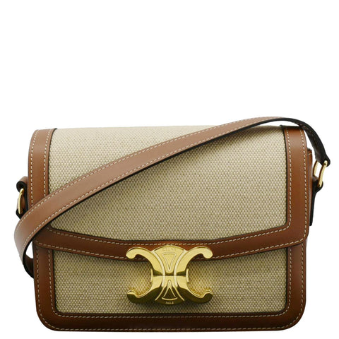 CELINE Triomphe Medium Leather Textile Shoulder Bag Light Brown