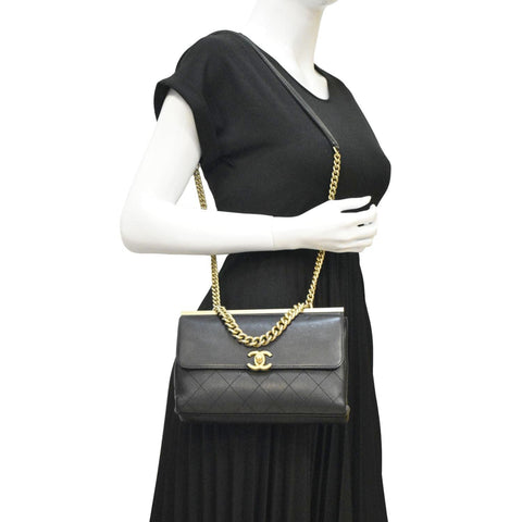 CHANEL Coco Luxe Stitched Leather Chain Crossbody Bag Black