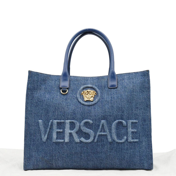VERSACE La Medusa Large Denim Leather Tote Bag Blue