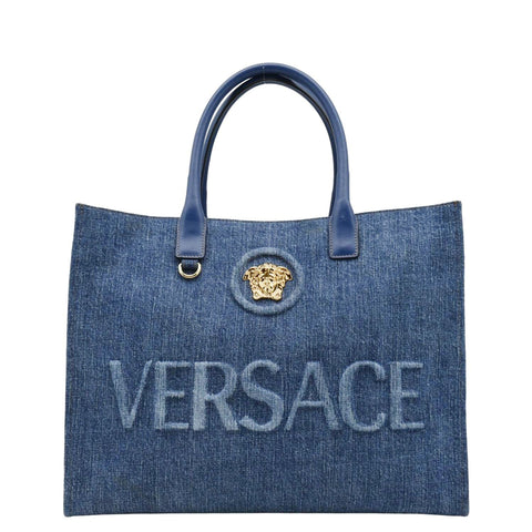 VERSACE La Medusa Large Denim Leather Tote Bag Blue