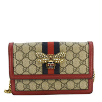 GUCCI Web Queen Margaret Mini GG Supreme Canvas Chain Wallet Beige 476079