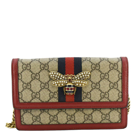 GUCCI Web Queen Margaret Mini GG Supreme Canvas Chain Wallet Beige 476079