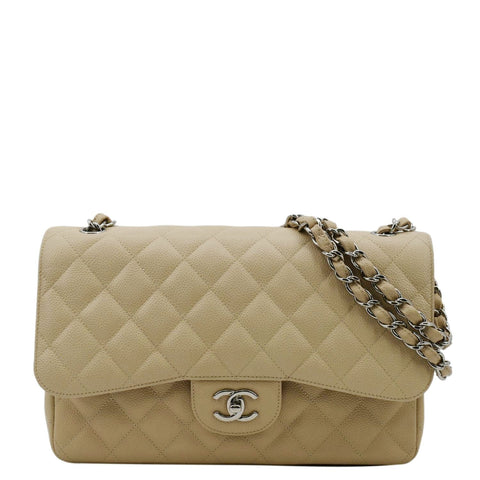CHANEL Classic Jumbo Double Flap Quilted Caviar Leather Shoulder Bag Cream