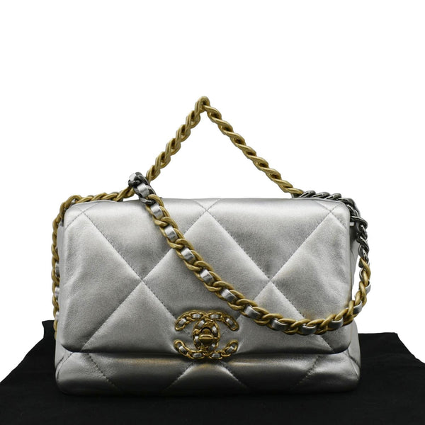 CHANEL 19 Medium Flap Quilted Leather Shoulder Bag Metallic Silver
