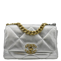 CHANEL 19 Medium Flap Quilted Leather Shoulder Bag Metallic Silver