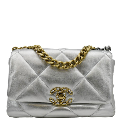 CHANEL 19 Medium Flap Quilted Leather Shoulder Bag Metallic Silver