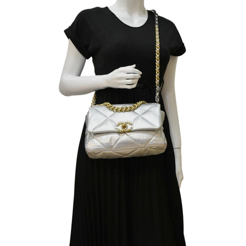 CHANEL 19 Medium Flap Quilted Leather Shoulder Bag Metallic Silver