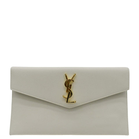 YVES SAINT LAURENT Uptown Envelope Grain De Poudre Leather Clutch Light Grey