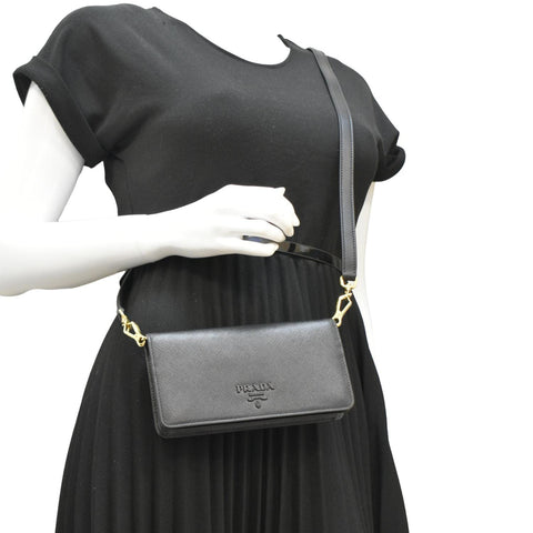 PRADA Saffiano Leather Crossbody Wallet Black