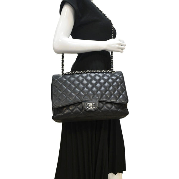 CHANEL Classic Maxi Single Flap Caviar Leather Shoulder Bag Black