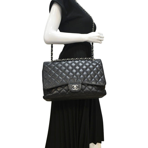 CHANEL Classic Maxi Single Flap Caviar Leather Shoulder Bag Black