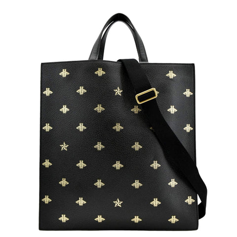 GUCCI Bee Star Grained Calfskin Leather Vertical Tote Black 495444