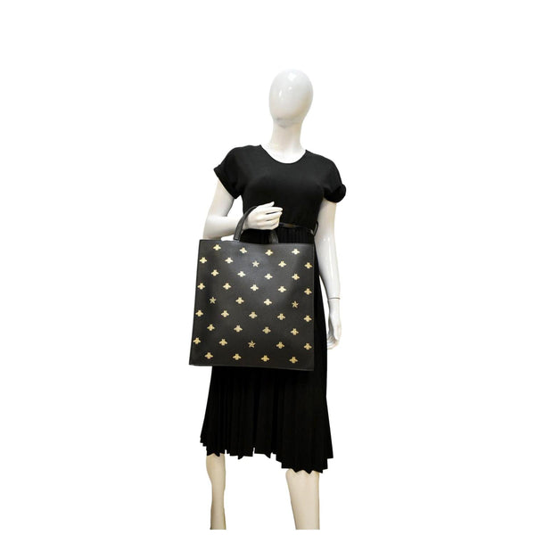GUCCI Bee Star Grained Calfskin Leather Vertical Tote Black 495444