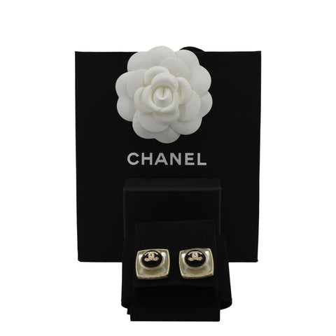 CHANEL Square Clip-on Metal Glass Pearl Strass Earrings Black