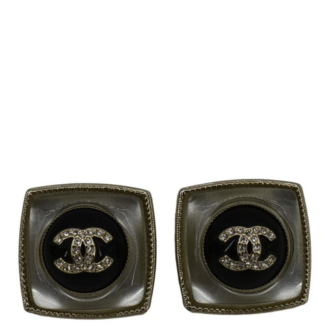 CHANEL Square Clip-on Metal Glass Pearl Strass Earrings Black