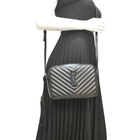 YVES SAINT LAURENT Lou Chevron Leather Camera Crossbody Bag Black