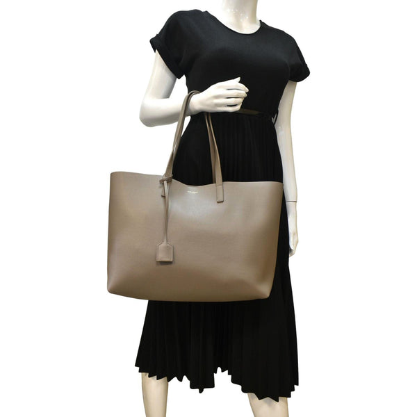 East/West Leather Shopping Tote Bag Beige
