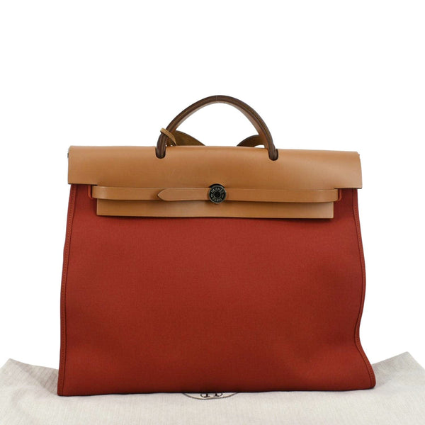 HERMES HerbagTote Shoulder Bag Canvas/Leather Red/brown with back view