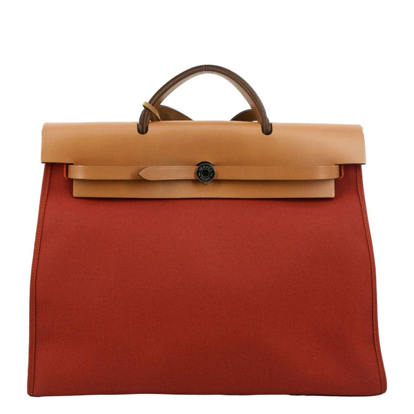 HERMES HerbagTote Shoulder Bag Canvas/Leather Red/brown with close back view