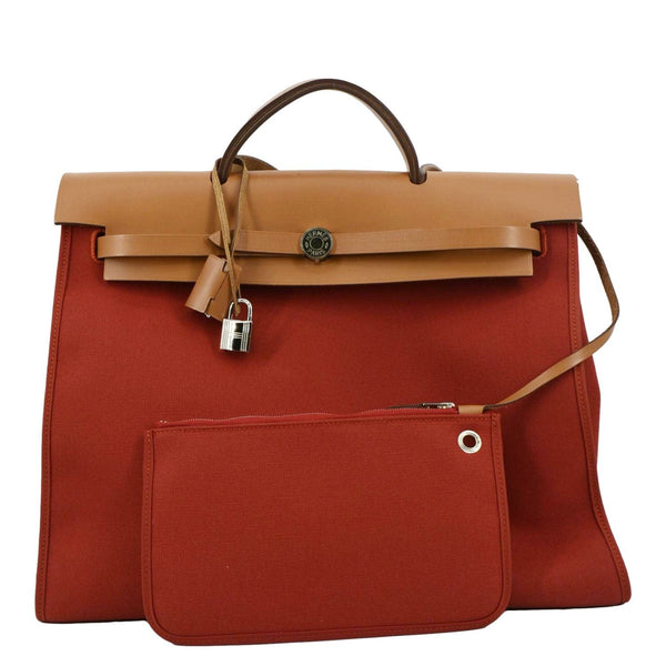 HERMES HerbagTote Shoulder Bag Canvas/Leather Red/brown with full view