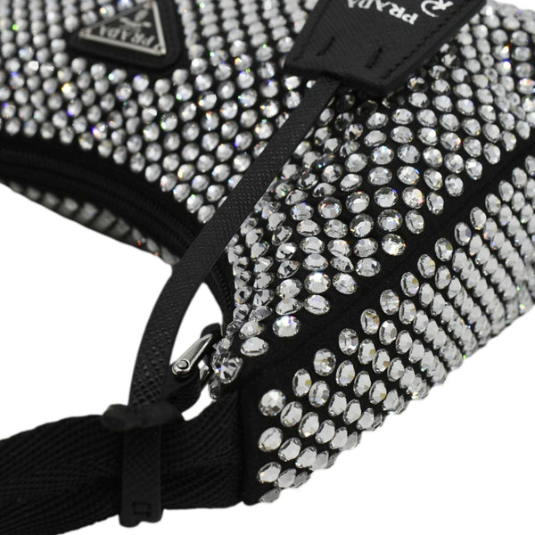 PRADA Mini Re-Edition 2000 Crystal Embellished Satin Tote Bag Black