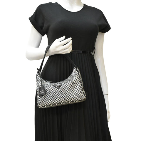 PRADA Mini Re-Edition 2000 Crystal Embellished Satin Tote Bag Black