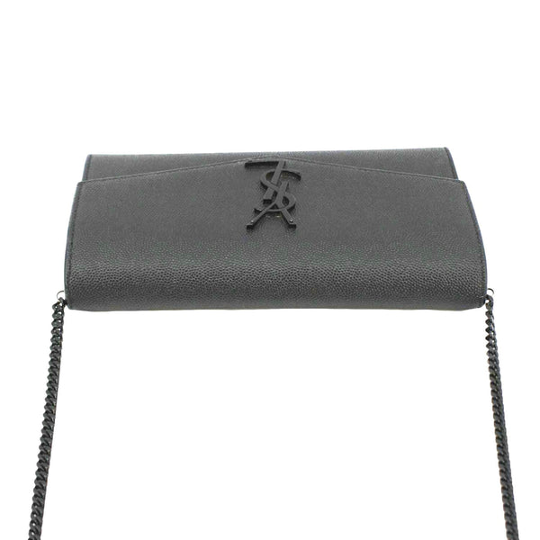YVES SAINT LAURENT Uptown Grain De Poudre Embossed Leather Crossbody Chain Wallet Black
