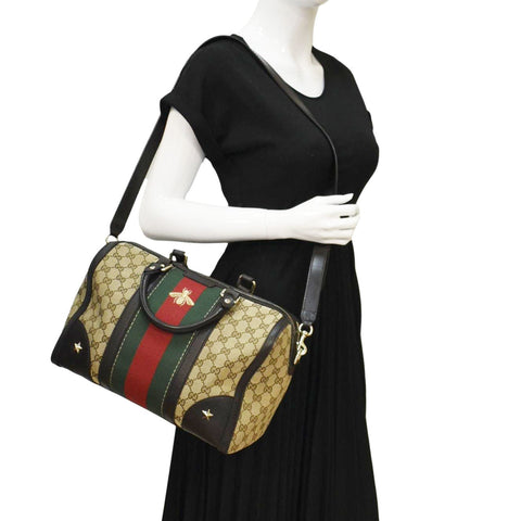 GUCCI Webby Bee GG Canvas Boston Bag Beige 406868