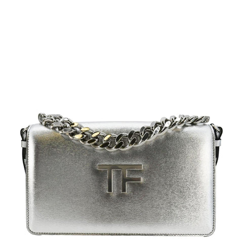 TOM FORD Metallic Palmellato Leather TF Chain Shoulder Bag Silver