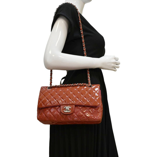 CHANEL Classic Medium Double Flap Patent Leather Shoulder Bag Red