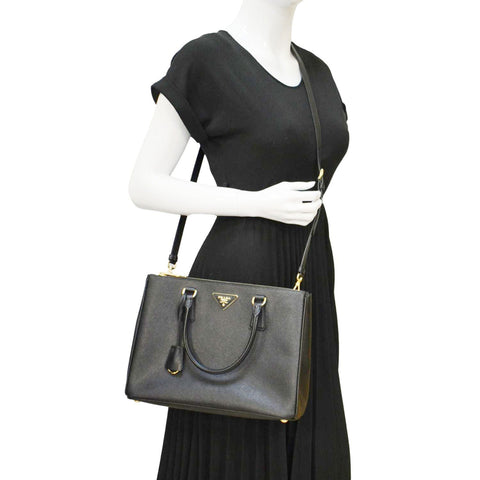 PRADA Galleria Double Zip Saffiano Leather Top Handle Tote Bag Black